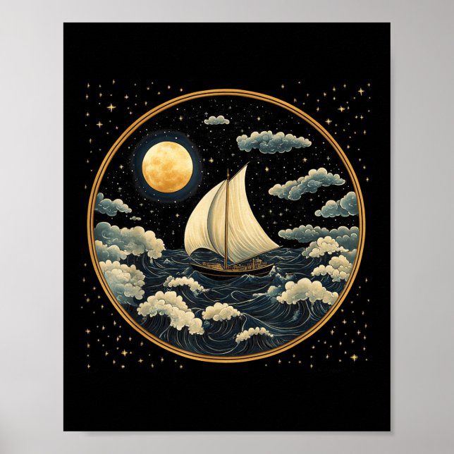 Segelbåt Celestial Estetisk Art Deco Ocean Seglare Poster (Framsidan)