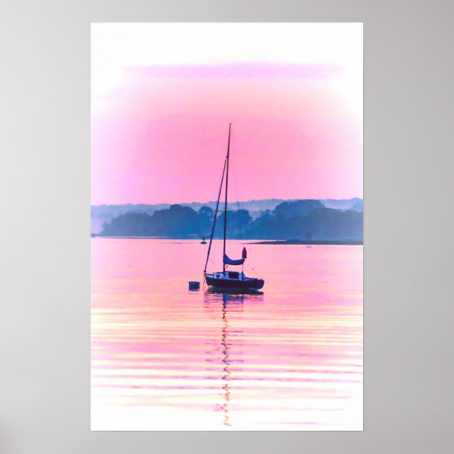Segelbåt flyter i tidigt morgonljus. poster (Framsidan)