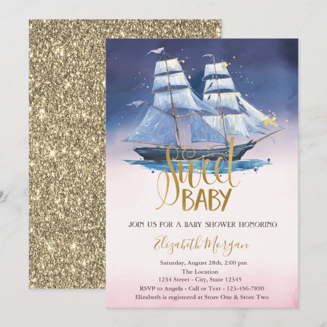 Segelbåt Guld Glitter Baby Shower  Inbjudningar (Fram/baksida)