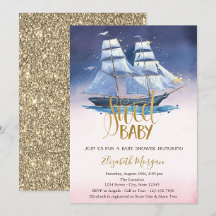 Segelbåt Guld Glitter Baby Shower Inbjudningar
