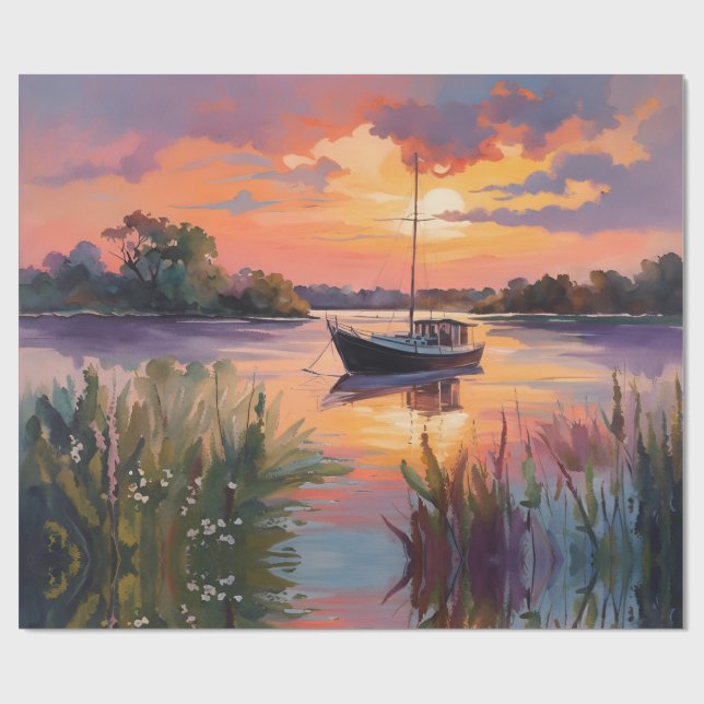 Segelbåt i Sunrise Watercolor Art Presentpapper (Platt)