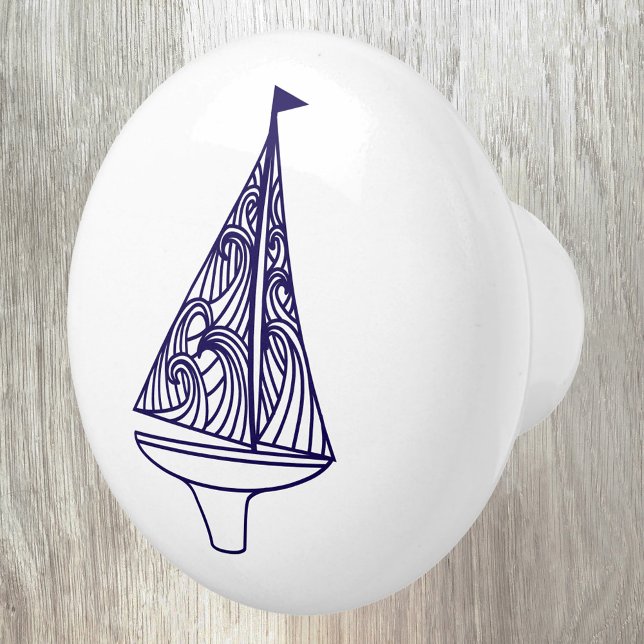 Segelbåt Jakt Nautisk Knopp (Sailing boat yacht navy ble and white ceramic door pull or knob for boat, beach or lake house)