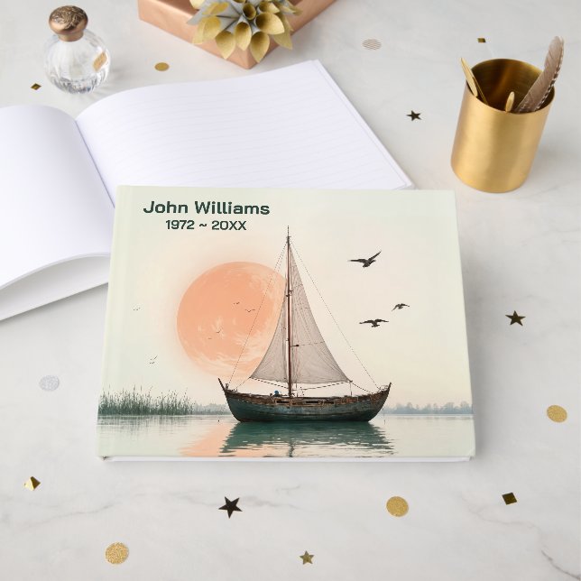 Segelbåt med Fiskmås för minnesservice Gästböcker (Framsida Öppen)