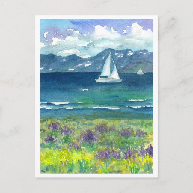 Segelbåt Mountain Sjö Lila Watercolor Lupines Vykort (Framsida)