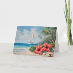 Segelbåt nära tropisk strand, hibiskusblommor kort