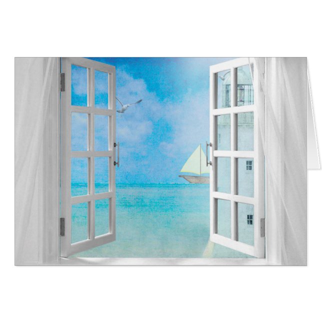 segelbåt och fyr i fönster till Namn Day Hälsningskort (Framsidan Horizontal)