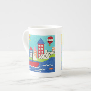 Segelbåt och Luftballong med Cityscape Benporslin Mugg