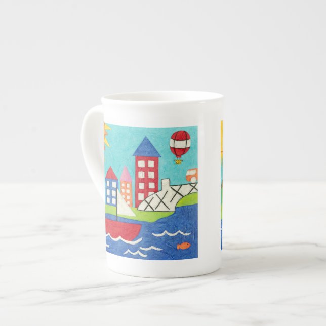 Segelbåt och Luftballong med Cityscape Benporslin Mugg (Framsida vänster)