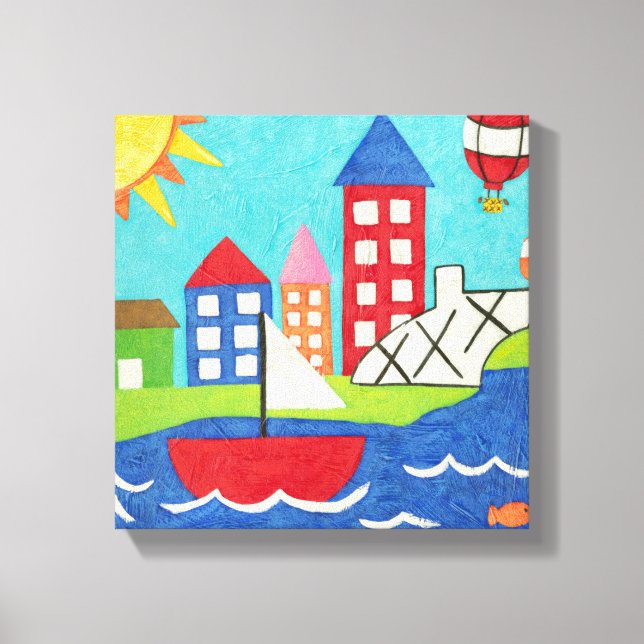 Segelbåt och Luftballong med Cityscape Canvastryck (Framsida)
