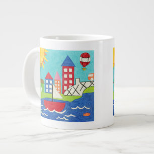 Segelbåt och Luftballong med Cityscape Jumbo Mugg