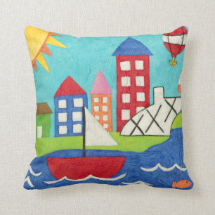 Segelbåt och Luftballong med Cityscape Kudde