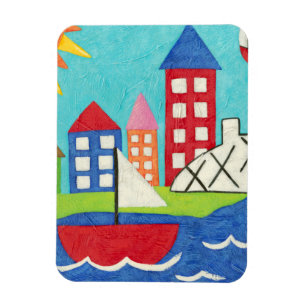 Segelbåt och Luftballong med Cityscape Magnet