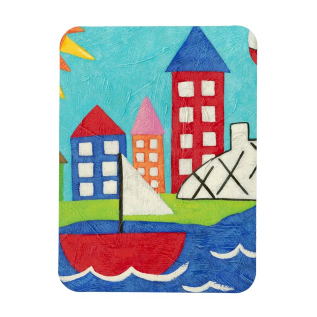 Segelbåt och Luftballong med Cityscape Magnet (Vertikal)