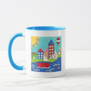 Segelbåt och Luftballong med Cityscape Mugg