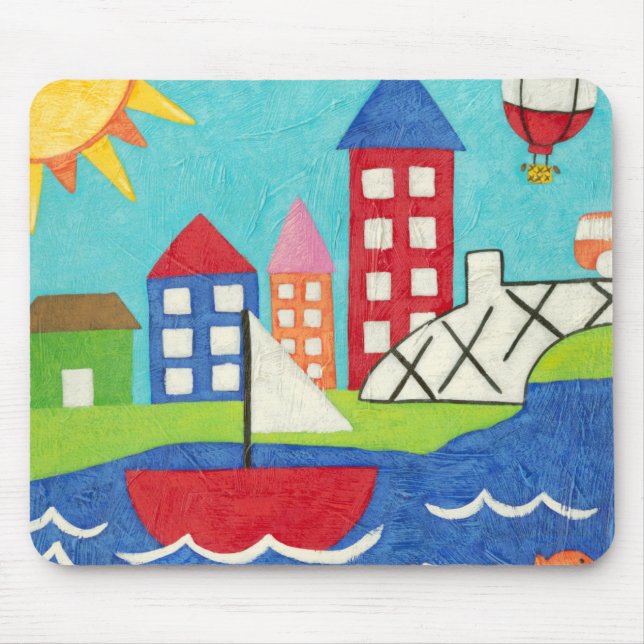 Segelbåt och Luftballong med Cityscape Musmatta (Framsidan)