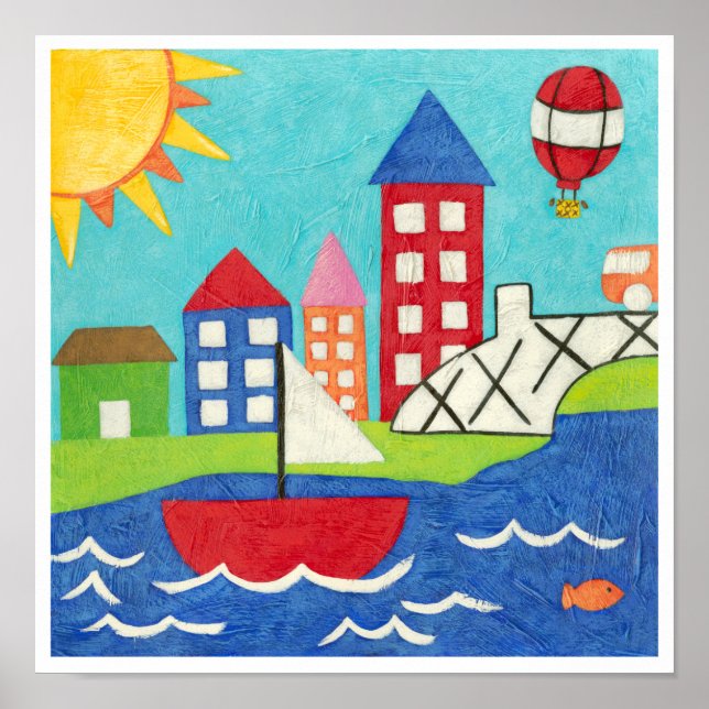 Segelbåt och Luftballong med Cityscape Poster (Framsidan)
