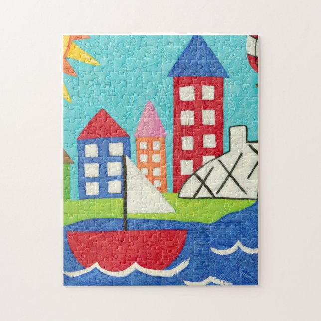 Segelbåt och Luftballong med Cityscape Pussel (Vertikal)