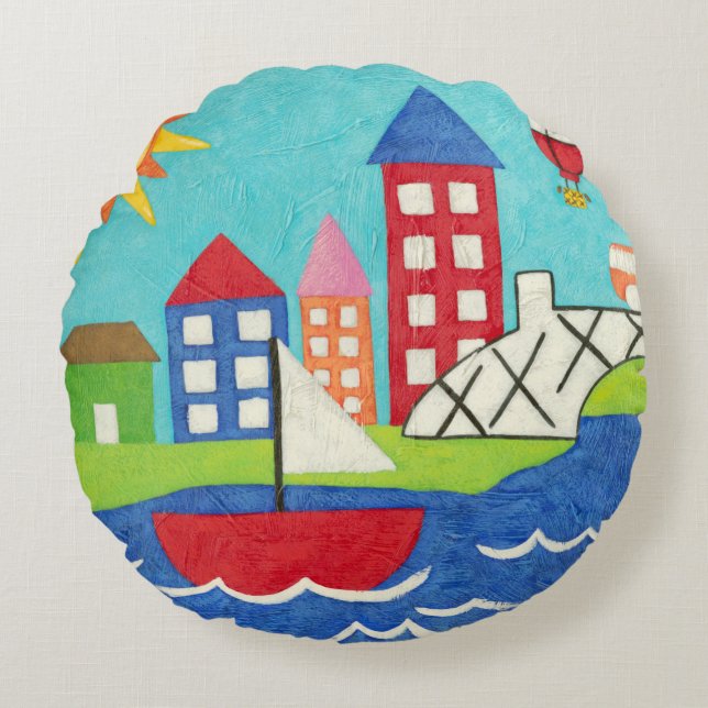 Segelbåt och Luftballong med Cityscape Rund Kudde (Framsidan)