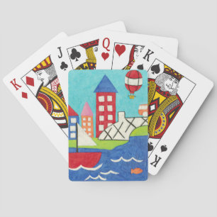 Segelbåt och Luftballong med Cityscape Spel Kort