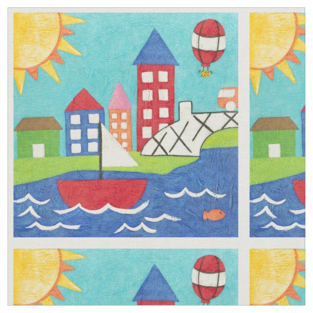 Segelbåt och Luftballong med Cityscape Tyg (Närbild)