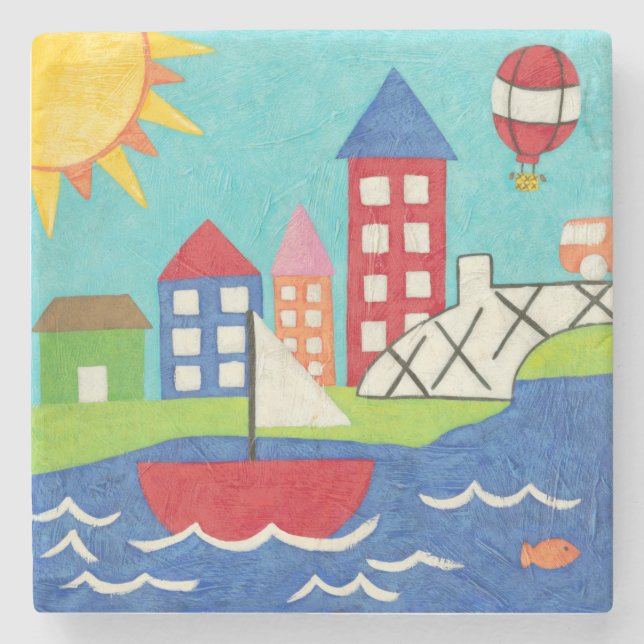 Segelbåt och Luftballong med Cityscape Underlägg Sten (Framsidan)