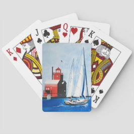 segelbåt och Michigans fyr-målning Casinokort