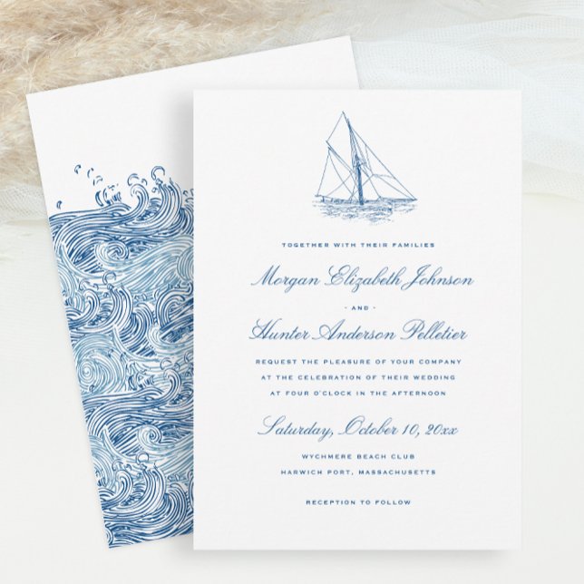 Segelbåt och vågor Elegant marinblå bröllop Inbjudningar (Sailboat and Waves Wedding Invitation for an Elegant Navy Blue Yacht Club or Schooner Wedding)