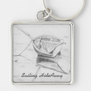 Segelbåt på Beach Original Art Fyrkantig Silverfärgad Nyckelring