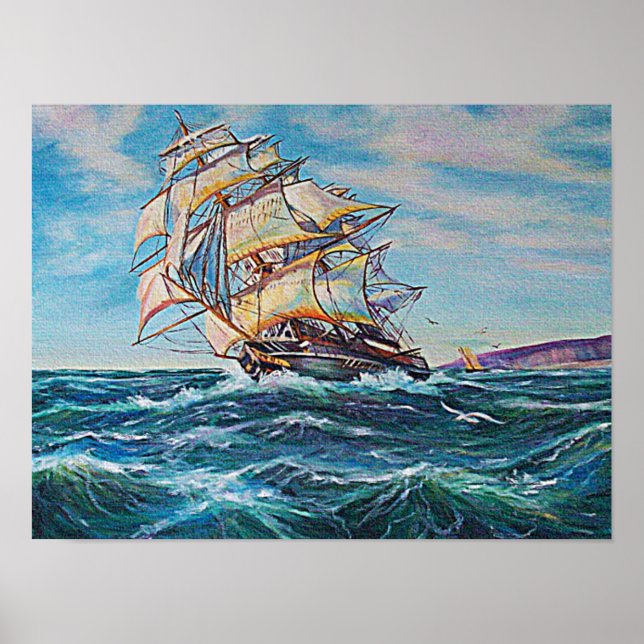 Segelbåt på grov sjövatten Liten Poster (Framsidan)