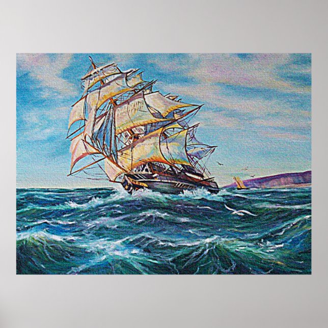 Segelbåt på Ojämnt Vatten Oljemålning Bild Poster (Framsidan)