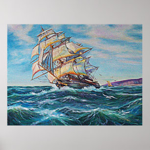 Segelbåt på Oljemålningen Rough Vatten Poster