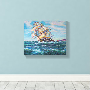 Segelbåt på rå Vatten Fine Art Painting 10x8 Canvastryck