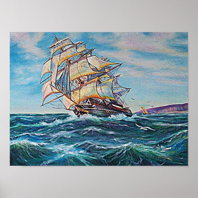 Segelbåt på Rough Sea Vatten Small Poster (Framsidan)