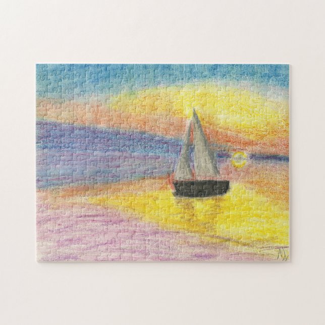 Segelbåt på solnedgången pussel (Horisontell)