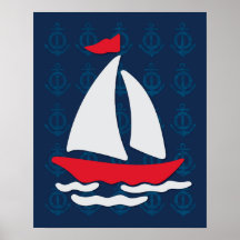 Segelbåt - röd, vit och blå nautiska mur konst