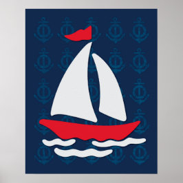 Segelbåt - röd, vit och blå nautiska mur konst poster