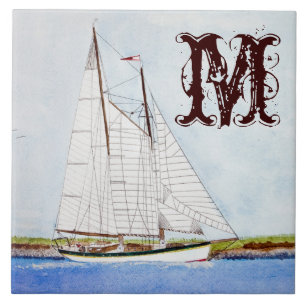 Segelbåt Sailing Frakt Ocean Monogram Visning Tile Kakelplatta