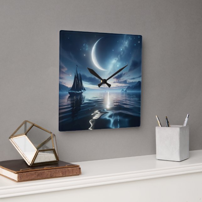 Segelbåt som seglar på Moonlit Vatten Fyrkantig Klocka (Kontor)