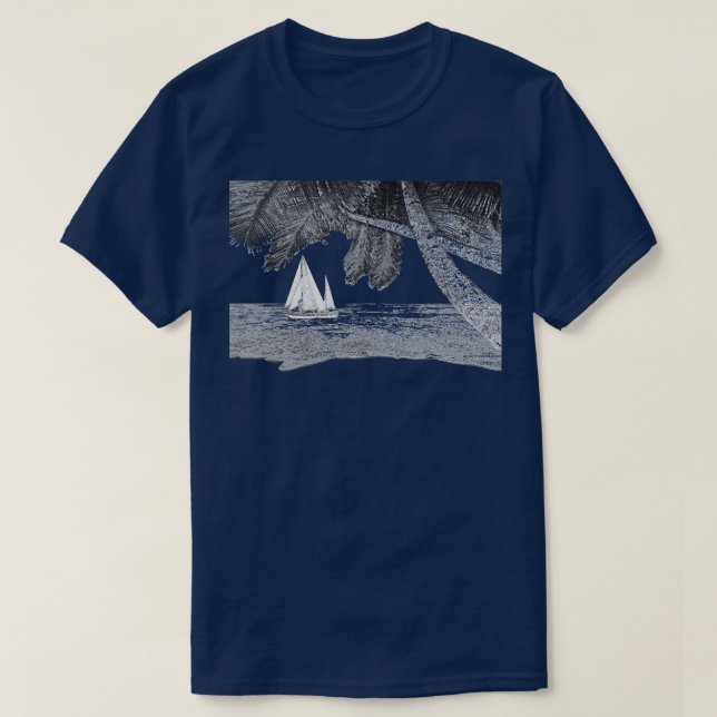Segelbåt vid havsviken Handflatan Träd T Shirt (Design framsida)