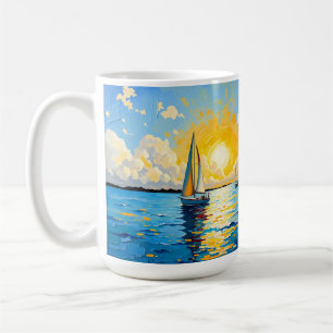 Segelbåt vid solnedgång kaffemugg