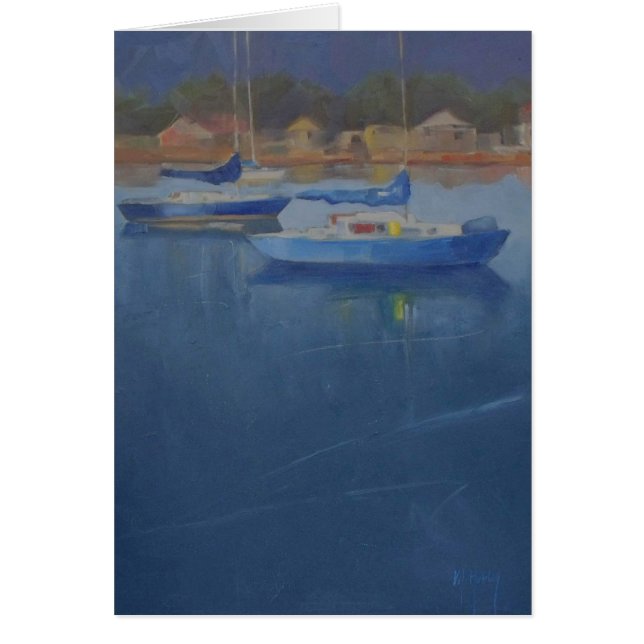 Segelbåtar i blå hamn hälsningskort (Framsidan)