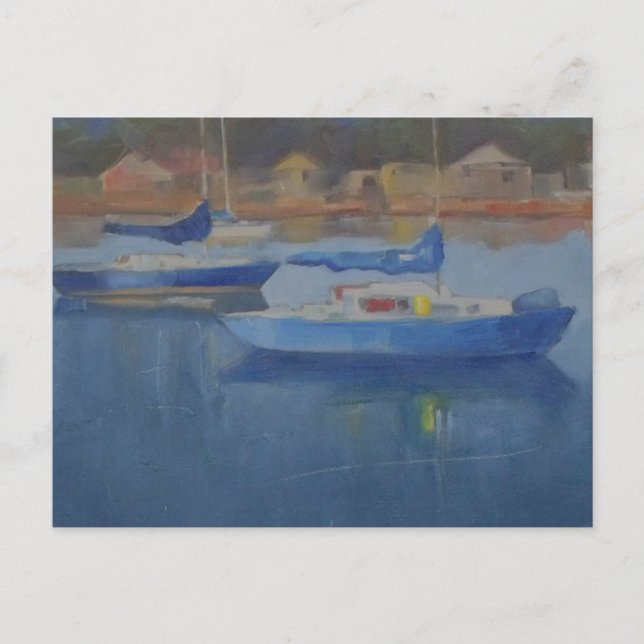 Segelbåtar i blå hamn vykort (Framsida)