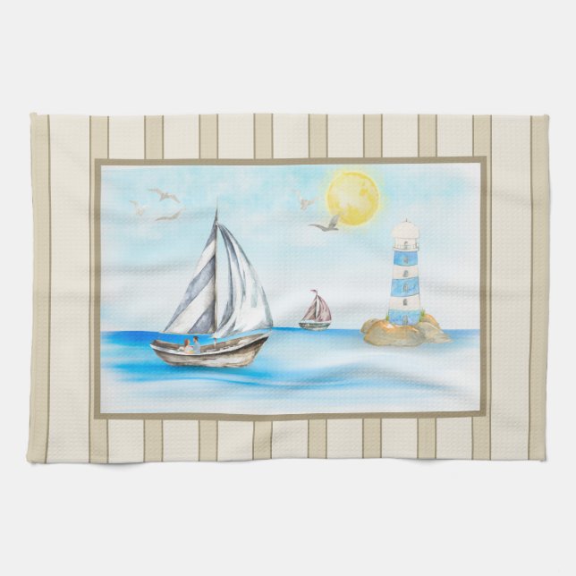 Segelbåtar i Blue Ocean Kitchen Towel Kökshandduk (Horisontell)