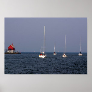 Segelbåtar längs Grand Haven Channel Poster