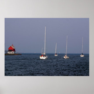 Segelbåtar längs Grand Haven Channel Poster