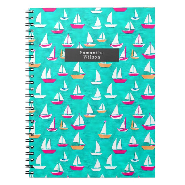 Segelbåtar Mönster Preppy Rosa & Aqua Anteckningsbok (Framsidan)