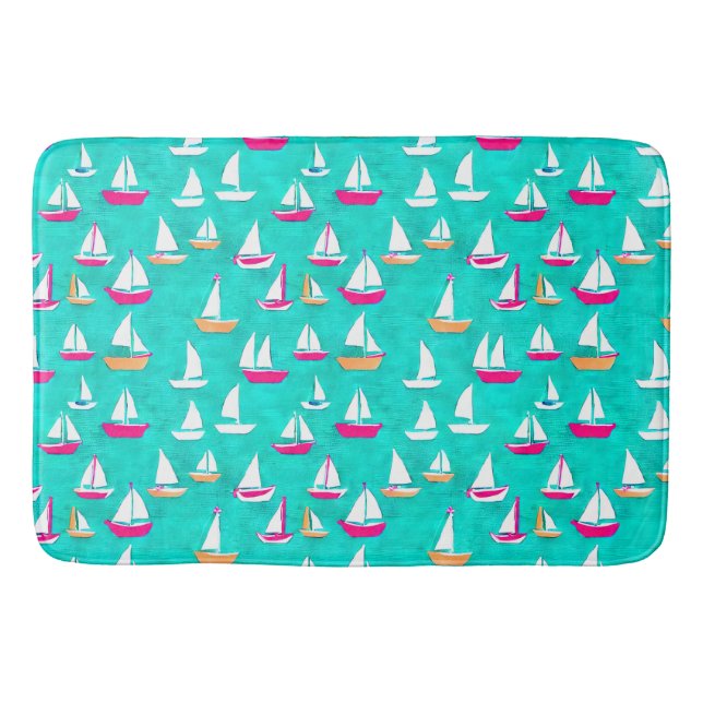 Segelbåtar Mönster Rosa & Aqua Badrumsmatta (Framsidan)