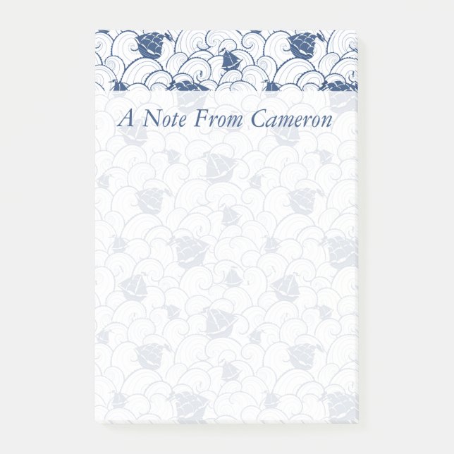 Segelbåtar på havsmönster | tillfogar ditt namn post-it block (Framsida)