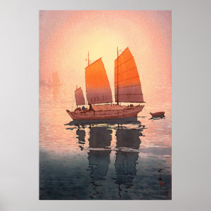 Segelbåtar, segelbåtar, morgon, Yoshida Hiroshi Poster