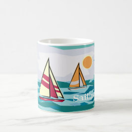 Segelbåtar som seglar under design kaffemugg